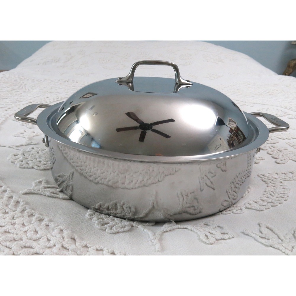 All-Clad Stainless 6 Qt French Braiser Roasting Pan Domed Lid Rack USA 2911308